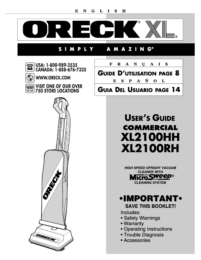Page 1 de la notice Manuel utilisateur Oreck XL2100HH
