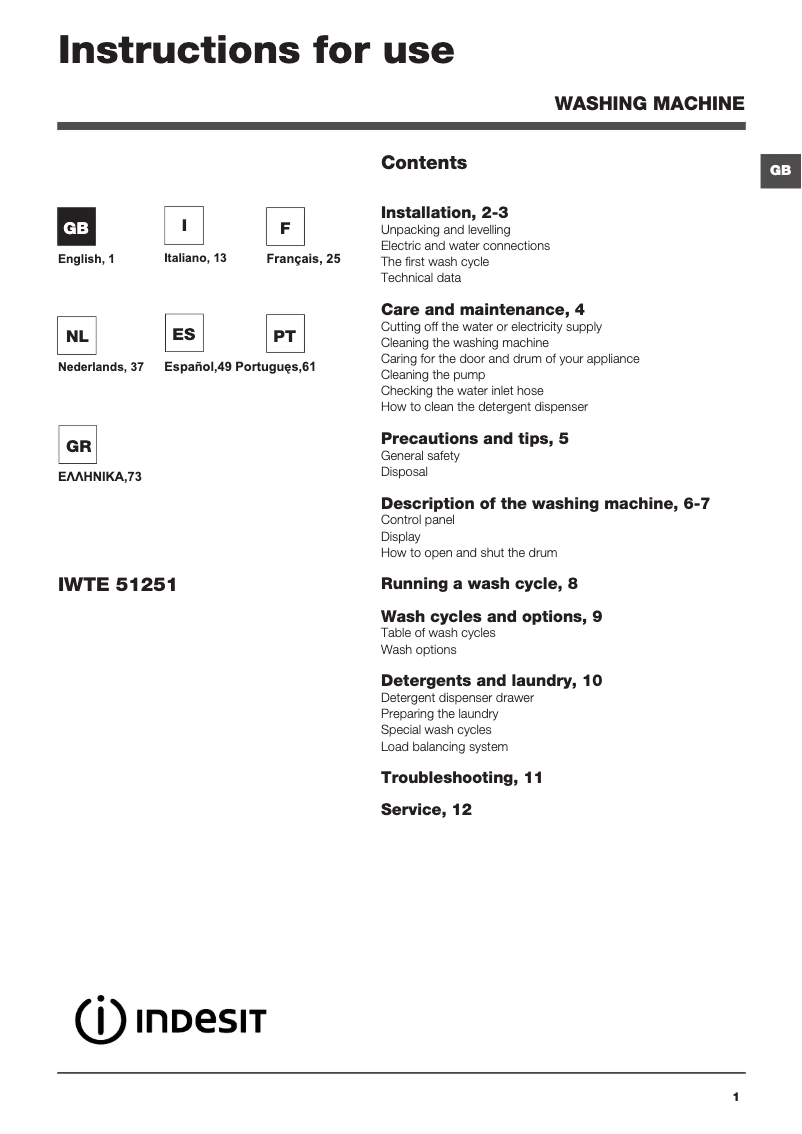 Page 1 de la notice Manuel utilisateur Indesit IWTE 51251