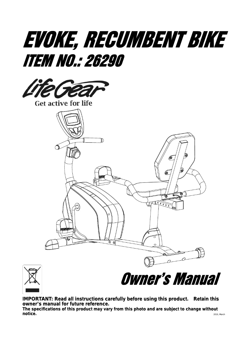 Page 1 de la notice Manuel utilisateur Life Gear Evoke Recumbent Bike 26290