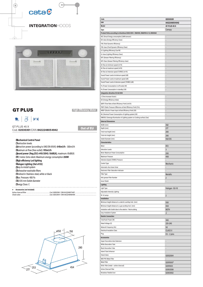 Page 1 de la notice Fiche technique CATA GT PLUS 45X