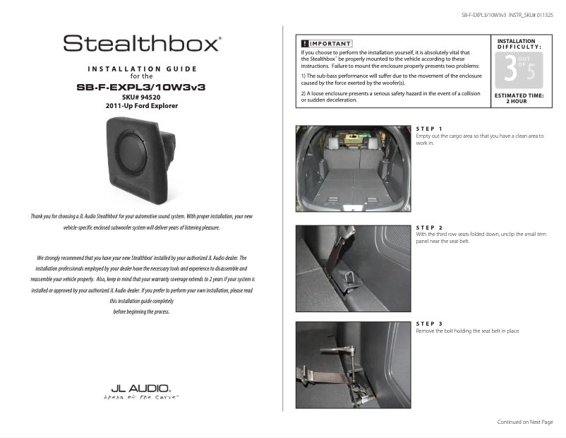 Page n°1 - Manuel utilisateur JL Audio Stealthbox SB-F-EXPL3/10W3v3