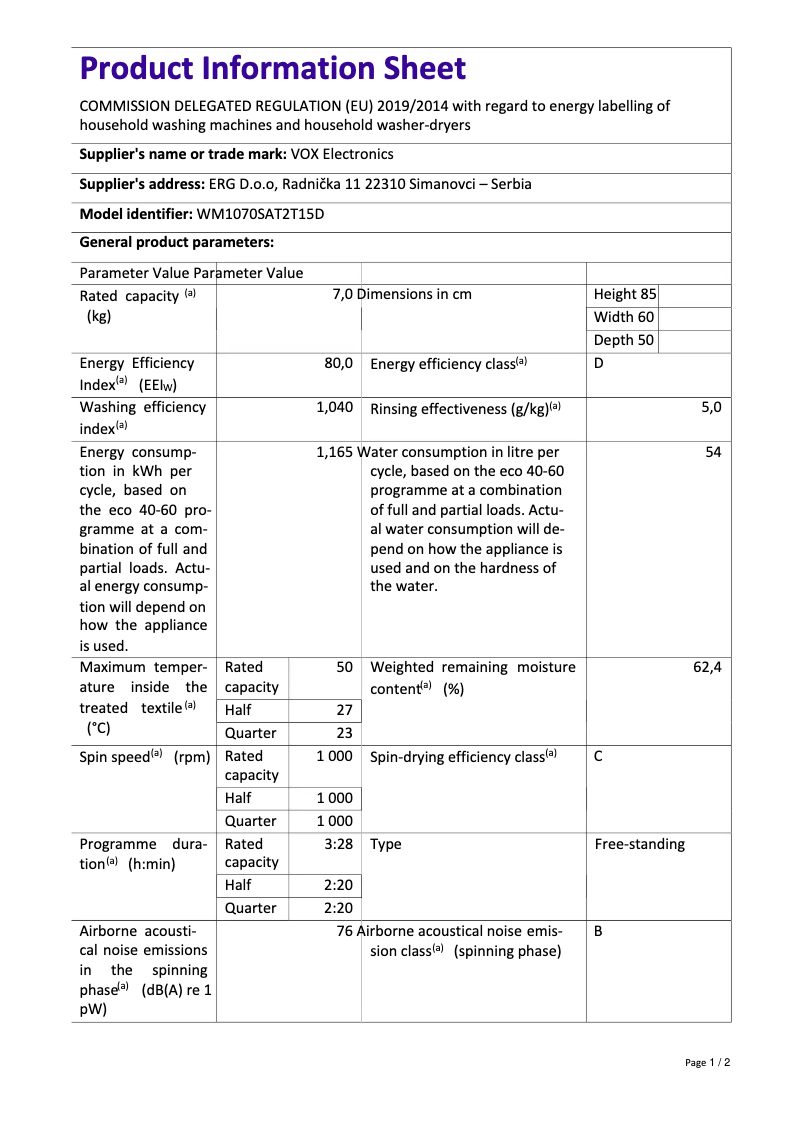 Page 1 de la notice Fiche technique VOX WM1070-SAT2T15D
