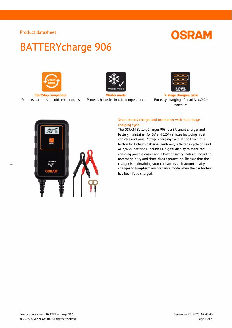 Page 1 de la notice Fiche technique Osram BATTERYcharge 906