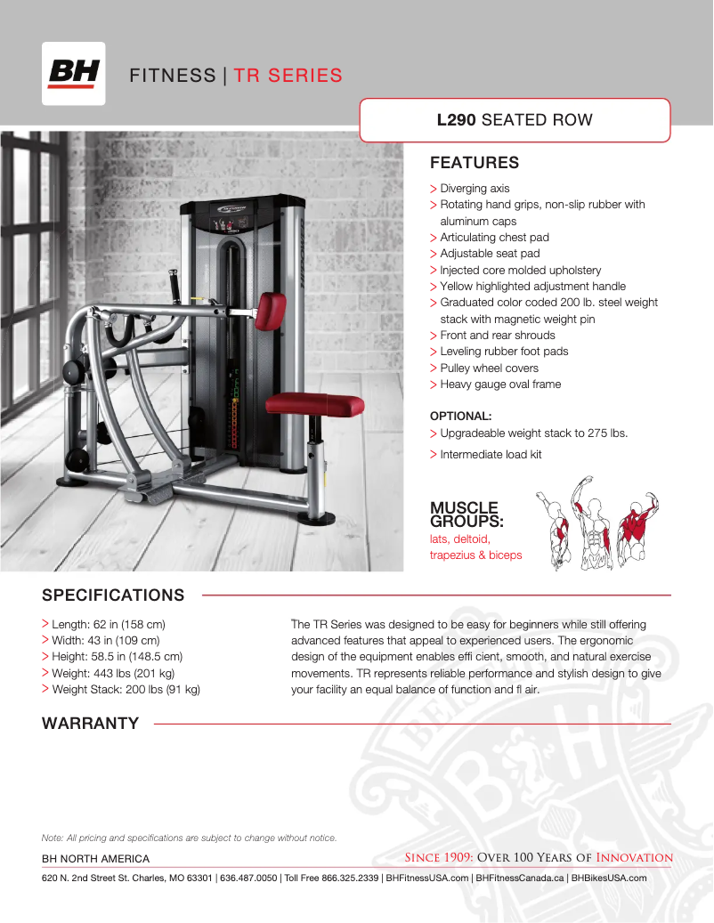 Página 1 del manual Ficha técnica BH Fitness L290