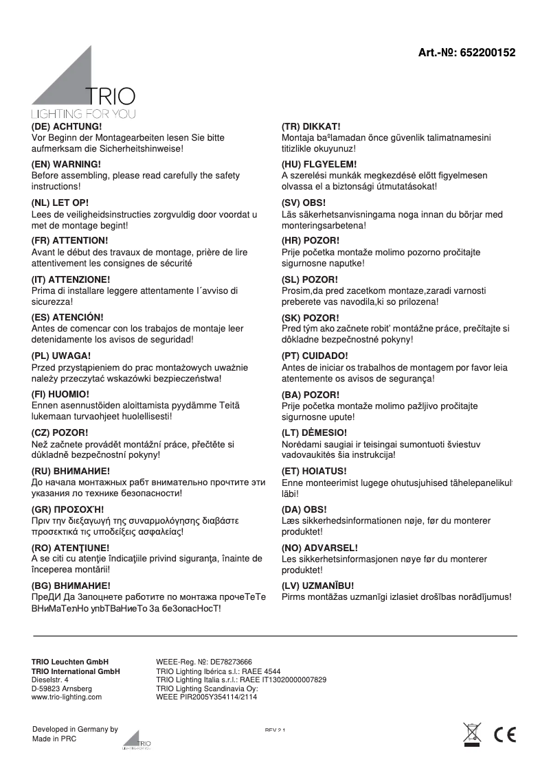 Page 1 de la notice Manuel utilisateur Trio Lighting Pirin 652200152