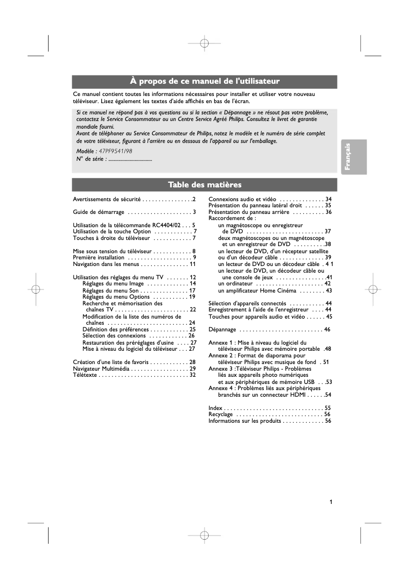 Page n°1 - Manuel utilisateur Philips 47PF9541