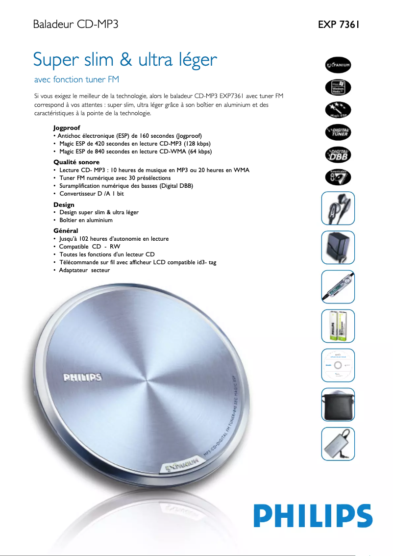 Page 1 de la notice Fiche technique Philips EXP7361