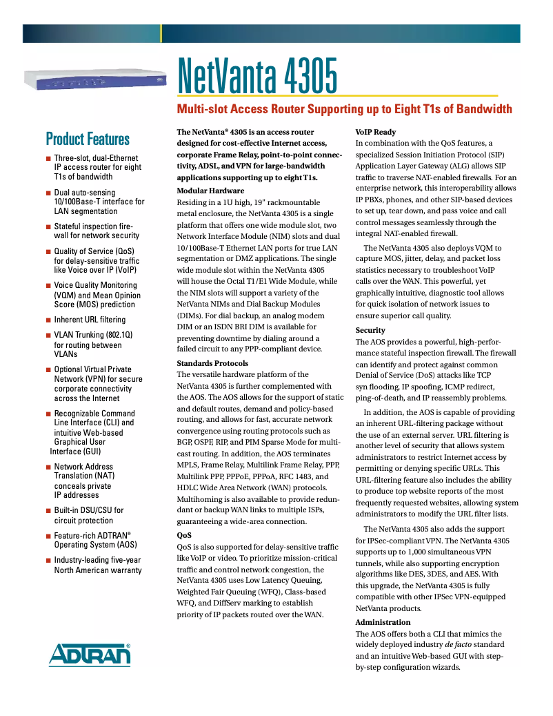 Page n°1 - Manuel utilisateur Adtran NetVanta 4305