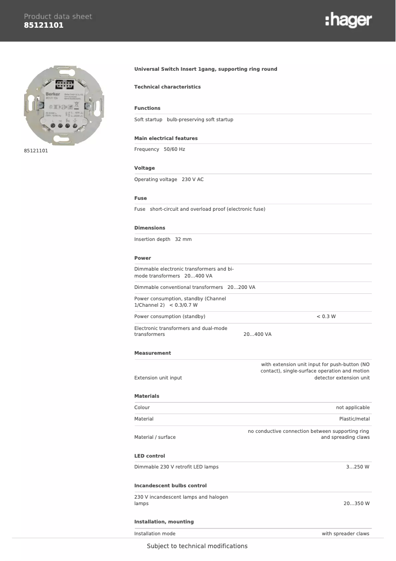 Page n°1 - Fiche technique Berker 85121101