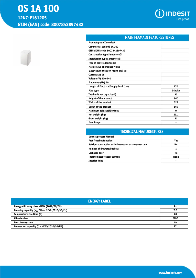 Page 1 de la notice Fiche technique Indesit OS 1A 100