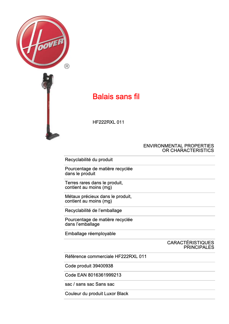 Page 1 de la notice Fiche technique Hoover H-Free 200