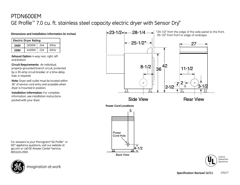 Página 1 del manual Ficha técnica GE PTDN600EMWT