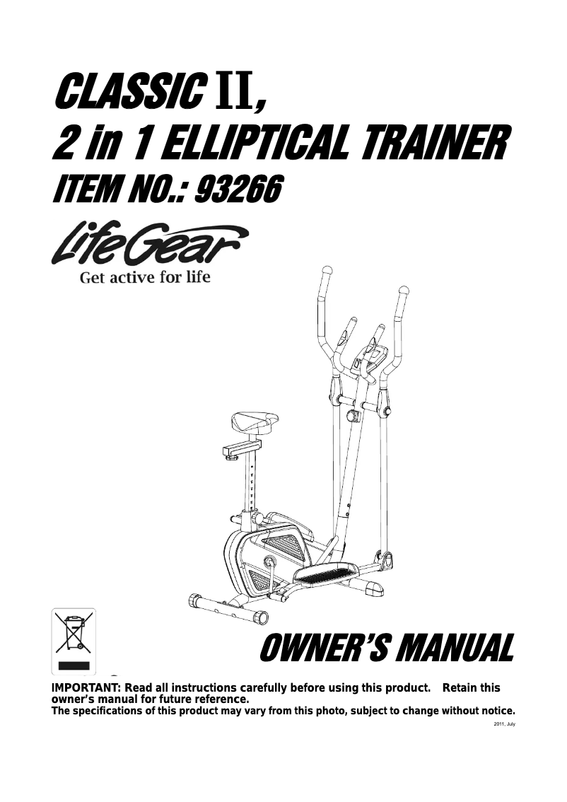 Página 1 del manual Manual de usuario Life Gear Classic II 2 in 1 Elliptical Trainer 93266