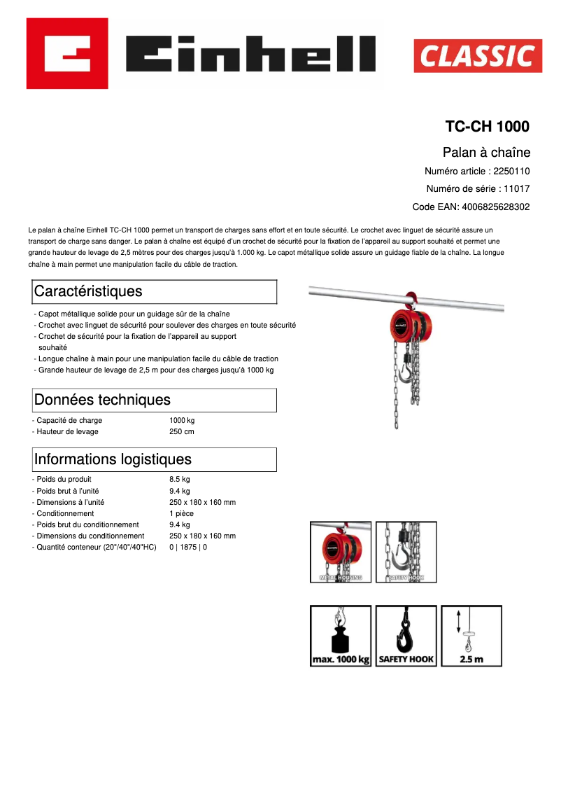 Page 1 de la notice Fiche technique Einhell TC-CH 1000