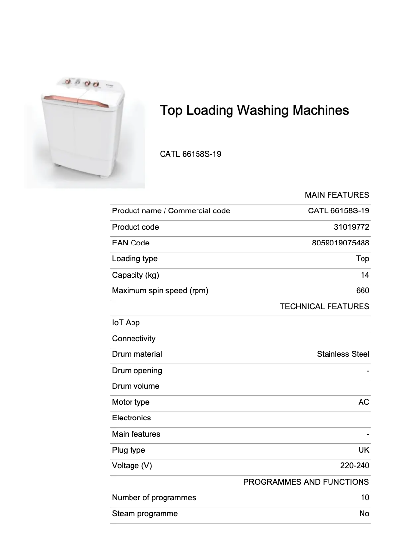 Page 1 de la notice Fiche technique Candy CATL 66158S-19