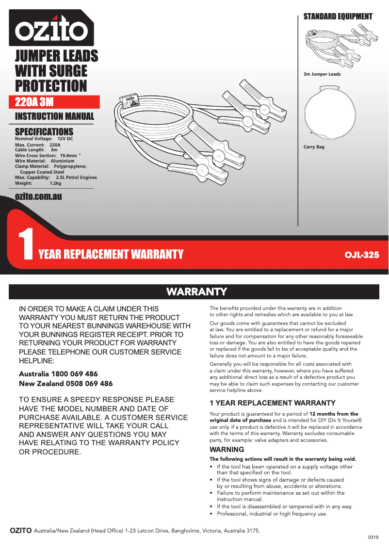 Page 1 de la notice Manuel utilisateur Ozito OJL-325
