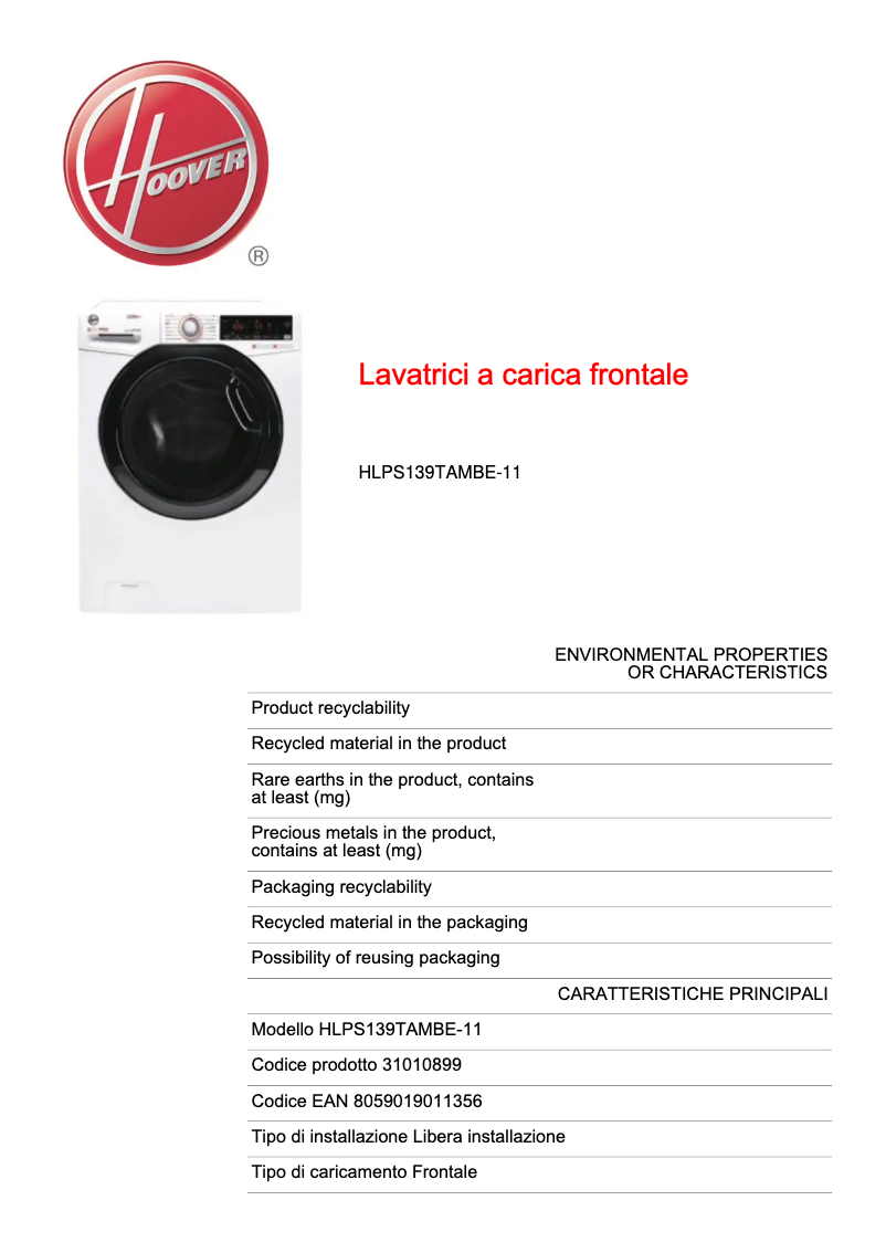 Página 1 del manual Ficha técnica Hoover HLPS139TAMBE-11