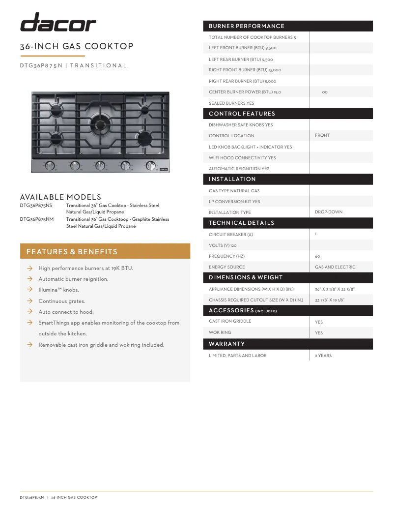 Page 1 de la notice Fiche technique Dacor DTG36P875NS