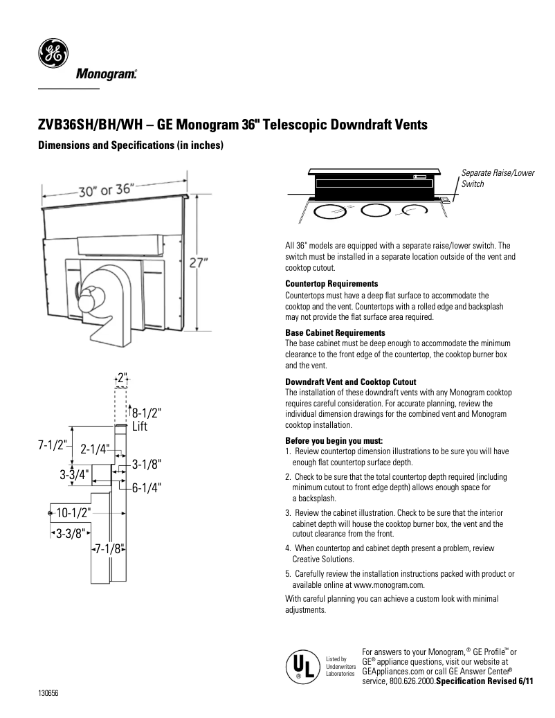 Page 1 de la notice Fiche technique GE ZVB36WHWW