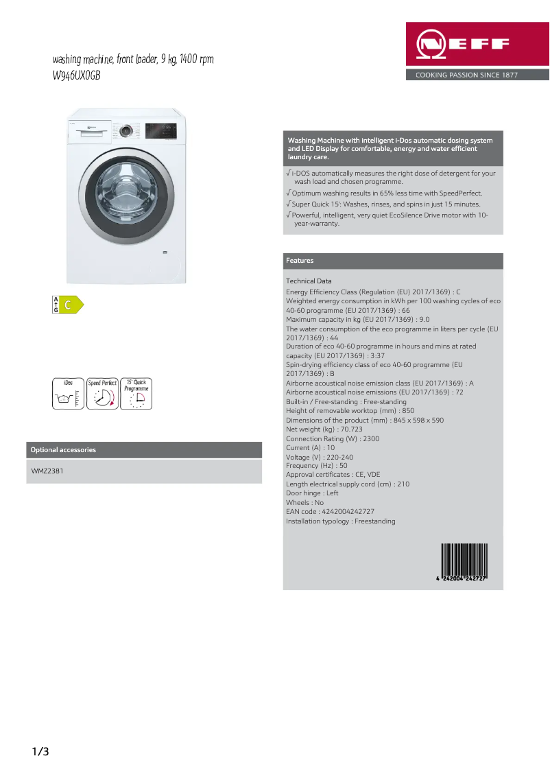 Page n°1 - Fiche technique Neff W946UX0GB