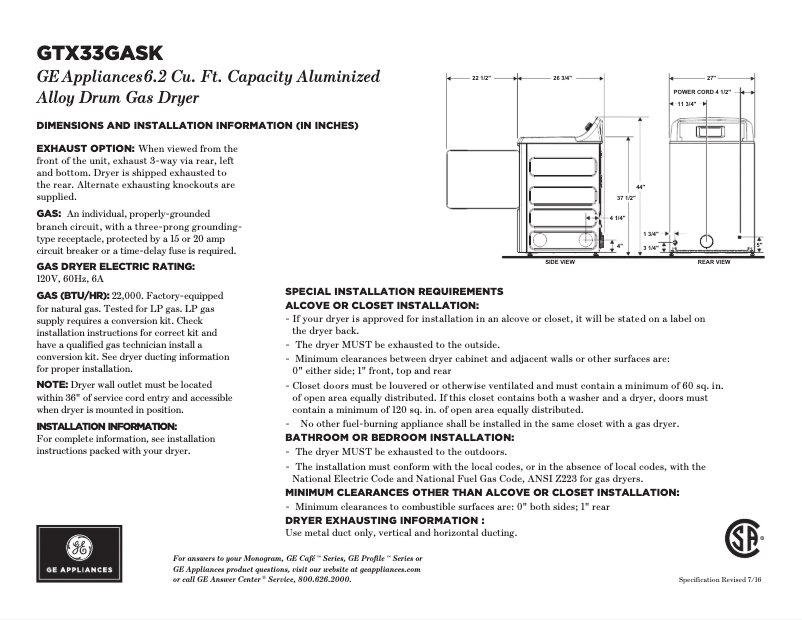 Página 1 del manual Ficha técnica GE GTX33GASKWW