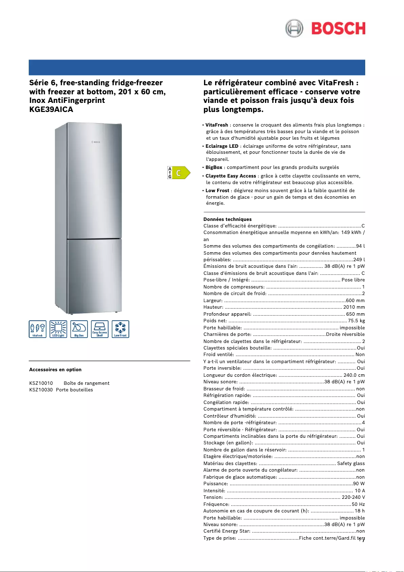 Página 1 del manual Ficha técnica Bosch KGE39AICA