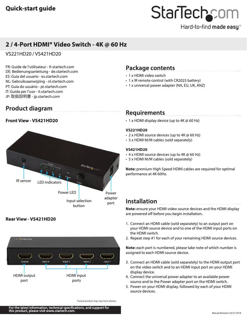 Page n°1 - Manuel utilisateur StarTech.com VS421HD20