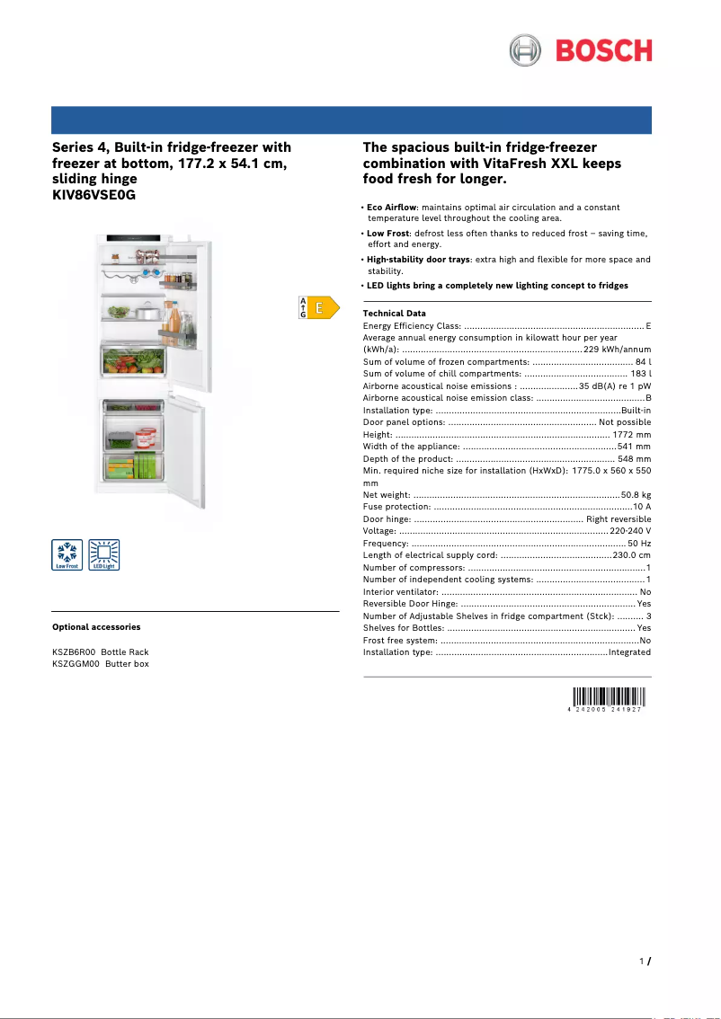 Page 1 de la notice Fiche technique Bosch Serie 4 KIV86VSE0G