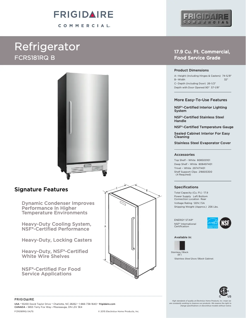 Page 1 de la notice Fiche technique Frigidaire FCRS181RQ