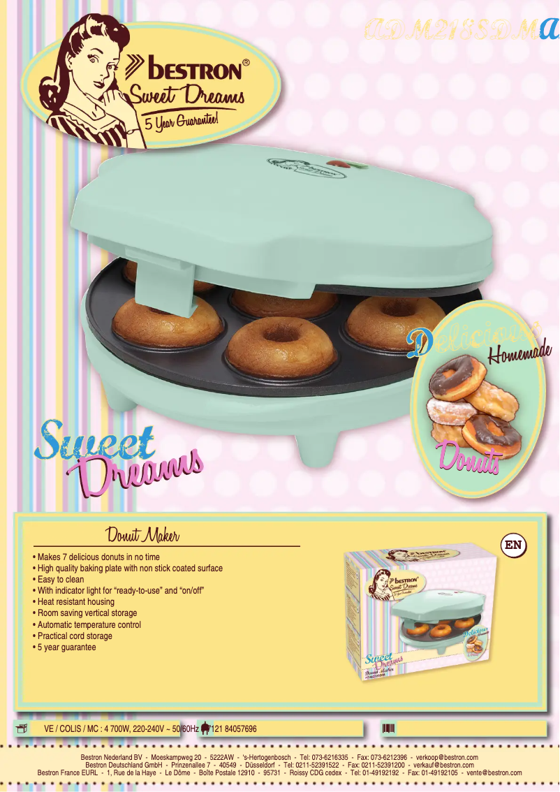 Page 1 de la notice Fiche technique Bestron Sweet Dreams ADM218SDM
