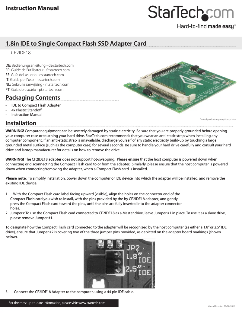 Page 1 de la notice Manuel utilisateur StarTech.com CF2IDE18