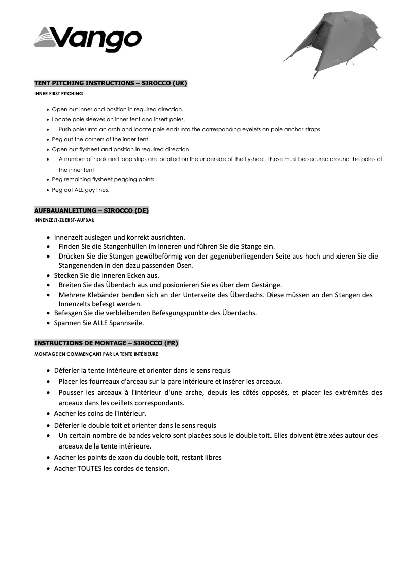 Page 1 de la notice Manuel utilisateur Vango Sirocco 300