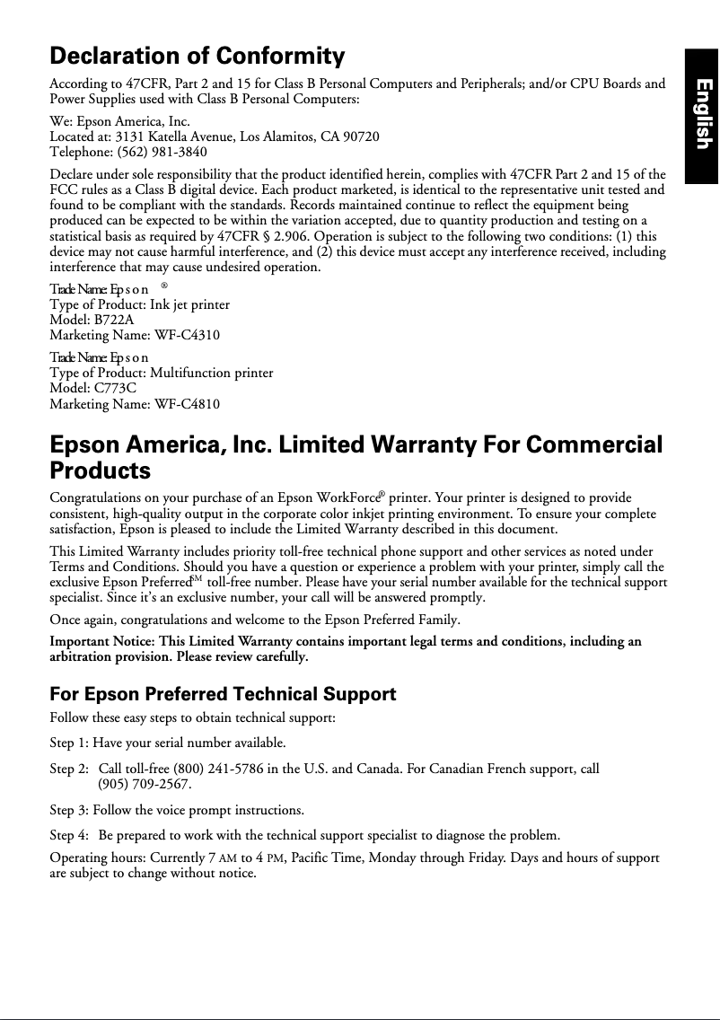 Page 1 de la notice Informations de garantie Epson WorkForce Pro WF-C4310