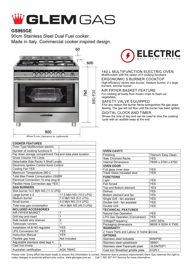 Page n°1 - Fiche technique Glem Gas GS965GE