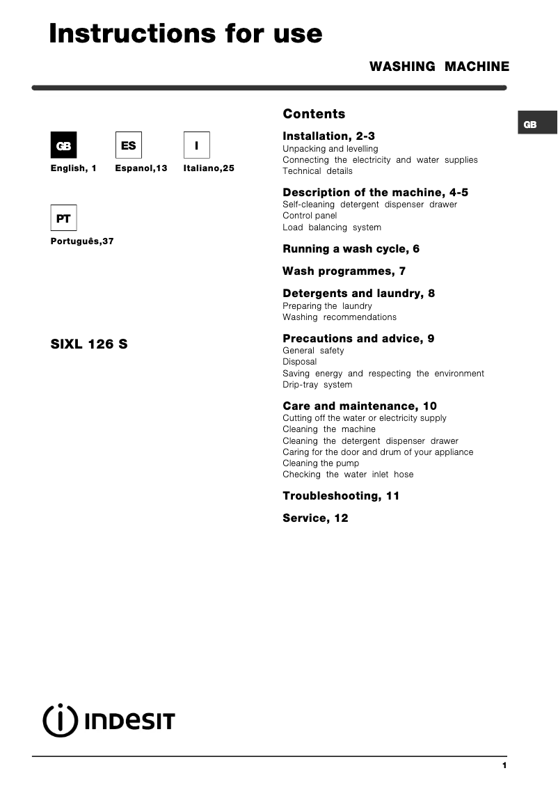 Page n°1 - Manuel utilisateur Indesit Moon Standard SIXL 126 S