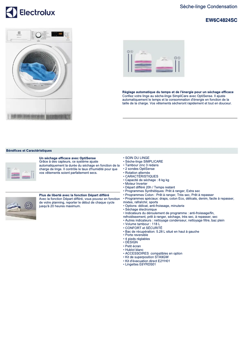 Page 1 de la notice Fiche technique Electrolux EW6C4824SC