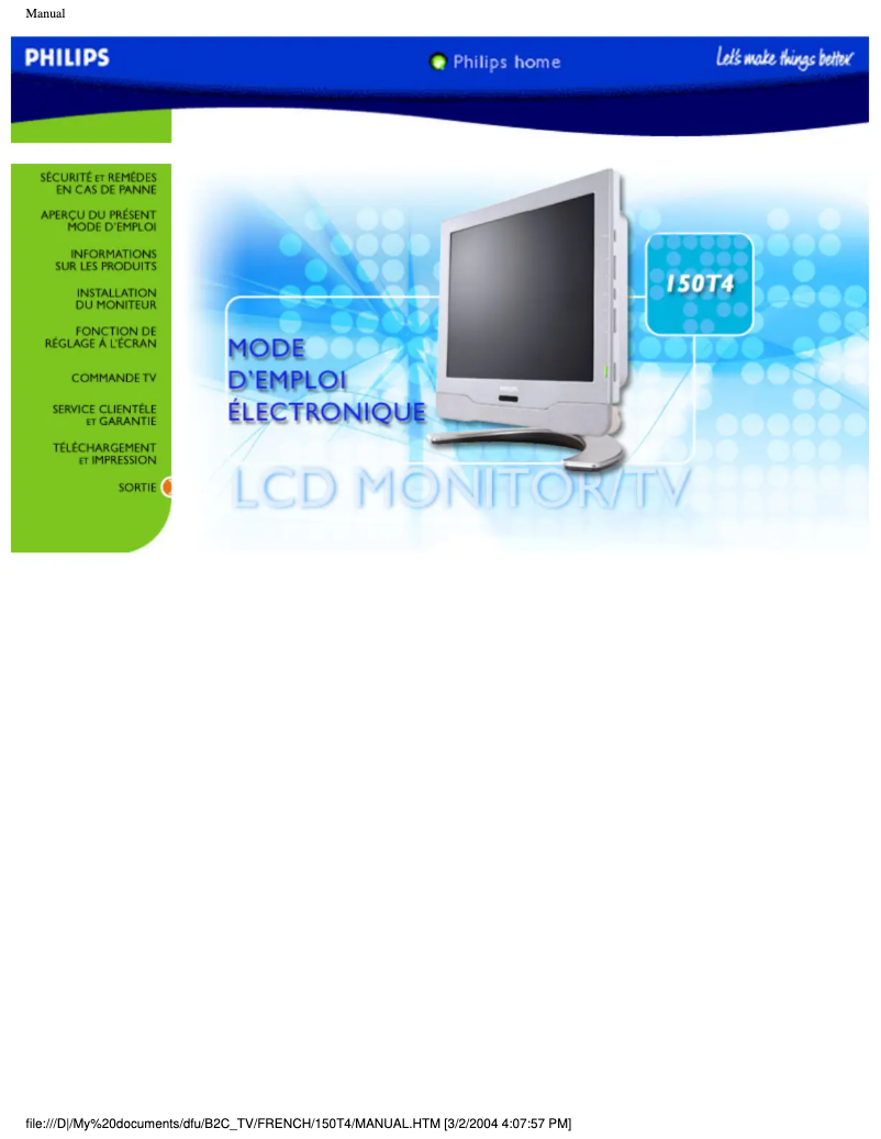 Page 1 de la notice Manuel utilisateur Philips 150T4FS