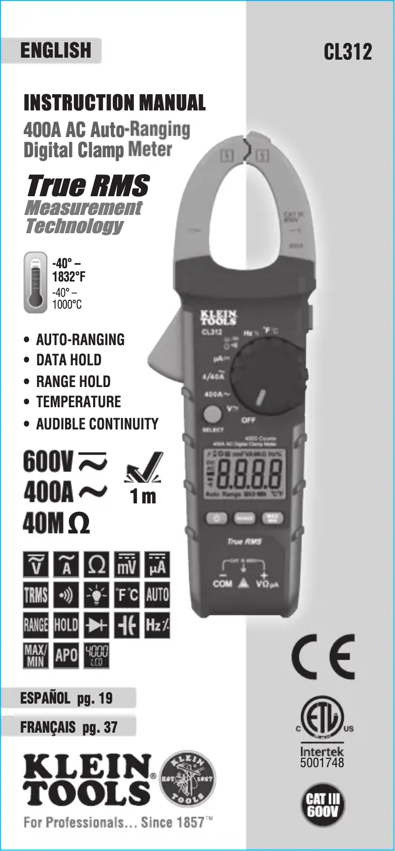 Page n°1 - Manuel utilisateur Klein Tools CL312