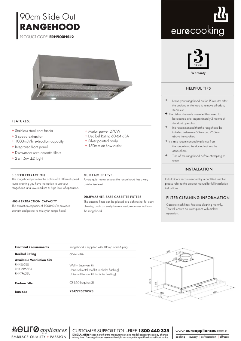 Page n°1 - Fiche technique Euro Appliances ERH900HSL2