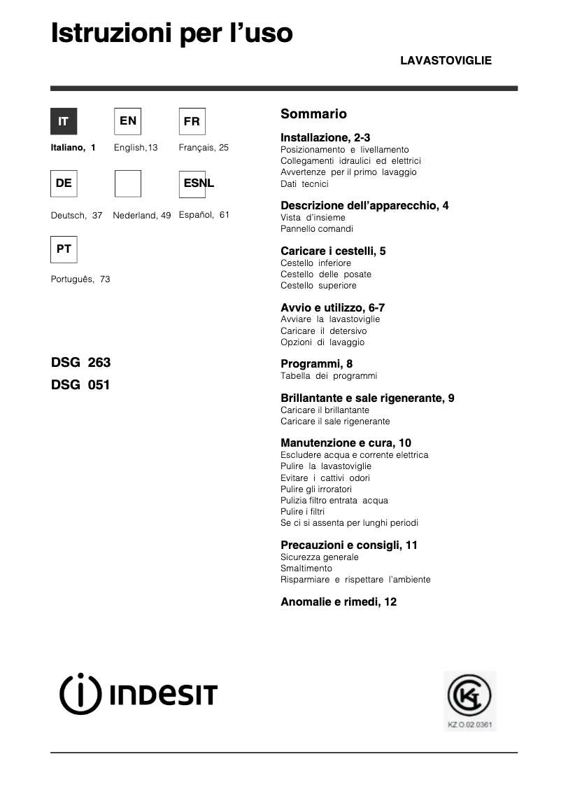 Page 1 de la notice Manuel utilisateur Indesit DSG 263