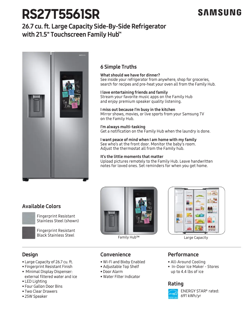 Page 1 de la notice Fiche technique Samsung RS27T5561SR/AA