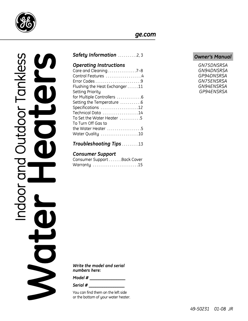Page 1 de la notice Manuel d'utilisation et d'entretien GE GP94DNSRSA