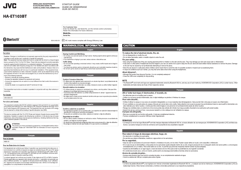 Page 1 de la notice Manuel utilisateur JVC HAET103BTB