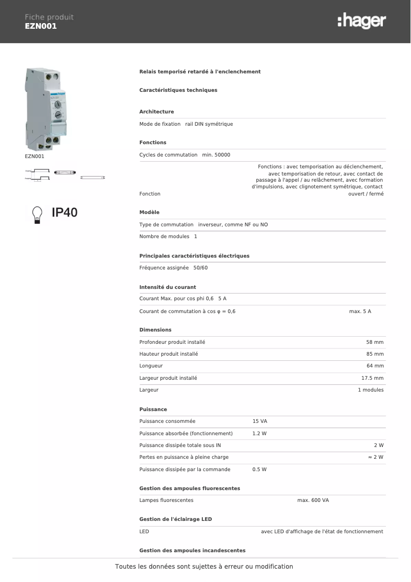 Page n°1 - Fiche technique Hager EZN001