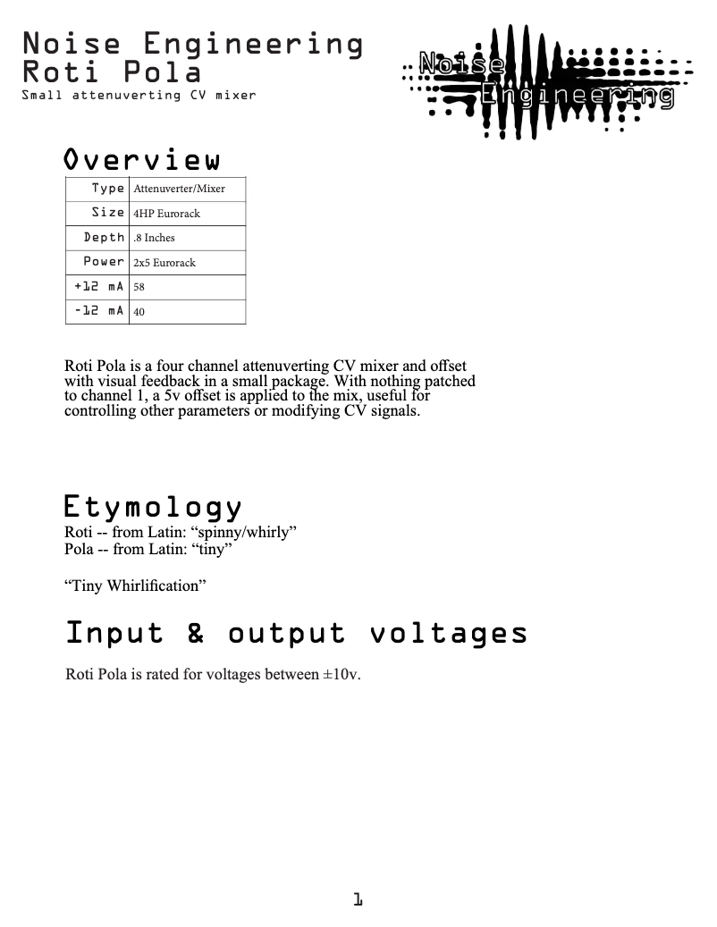 Page n°1 - Manuel utilisateur Noise Engineering Roti Pola