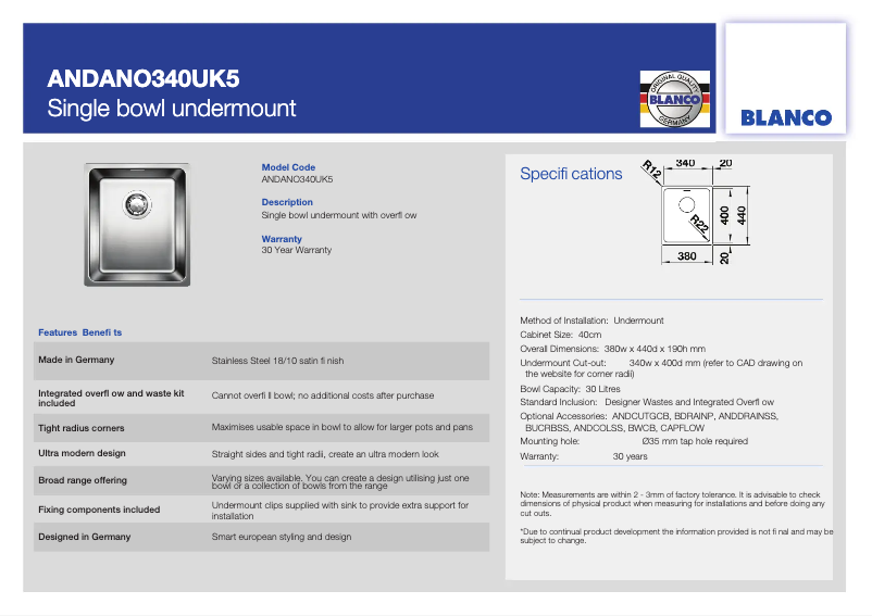 Page 1 of the manual User Manual BLANCO ANDANO 340-U