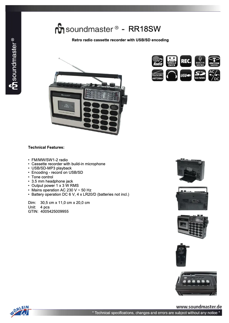 Page 1 de la notice Fiche technique Soundmaster RR18SW
