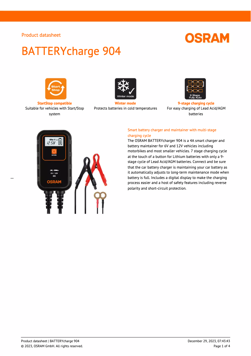 Page n°1 - Fiche technique Osram BATTERYcharge 904