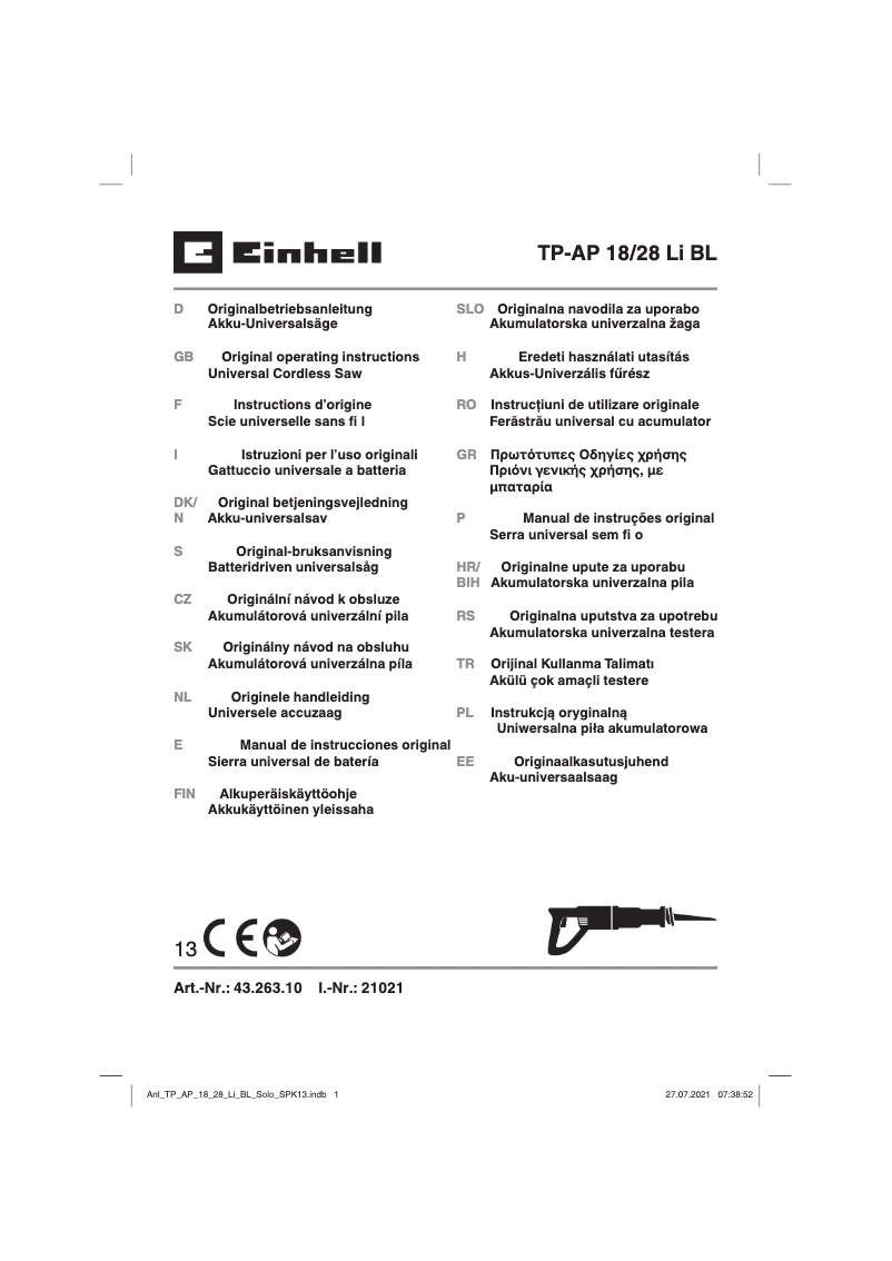 Page 1 de la notice Manuel utilisateur Einhell TP-AP 18/28 Li BL