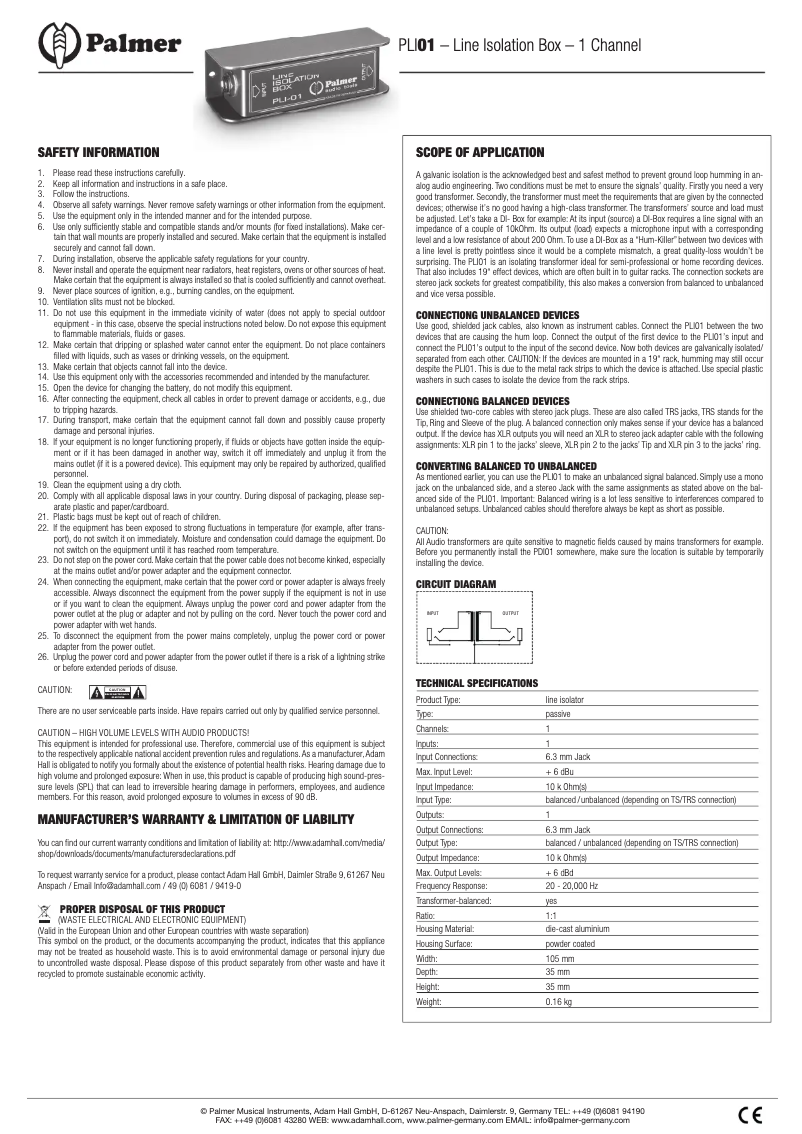 Page 1 de la notice Manuel utilisateur Palmer PLI-01